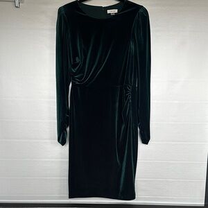 Calvin Klein Emerald Green Long Sleeve Sheath Dress Ruched Sleeves & Sides Sz 10